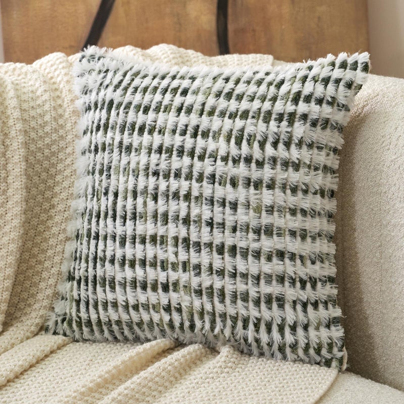 Aeckself Boho Chenille Tufted Pillow Cover 18 x 18 Inch, Decorative Square Throw Pillow Cover Neutral Pillowcase for Couch Bedroom Living Room, Green White - Image 1