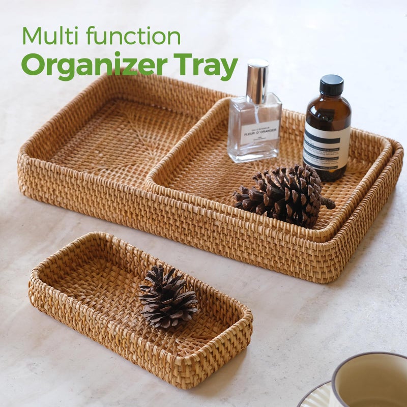 S310 Rattan Serving Tray, Rectangle Basket Set of 3, Wicker Storage and Organizing Baskets, Natural Decorative Woven Tray for Home Decor, Bathroom, Kitchen Counter - Image 2