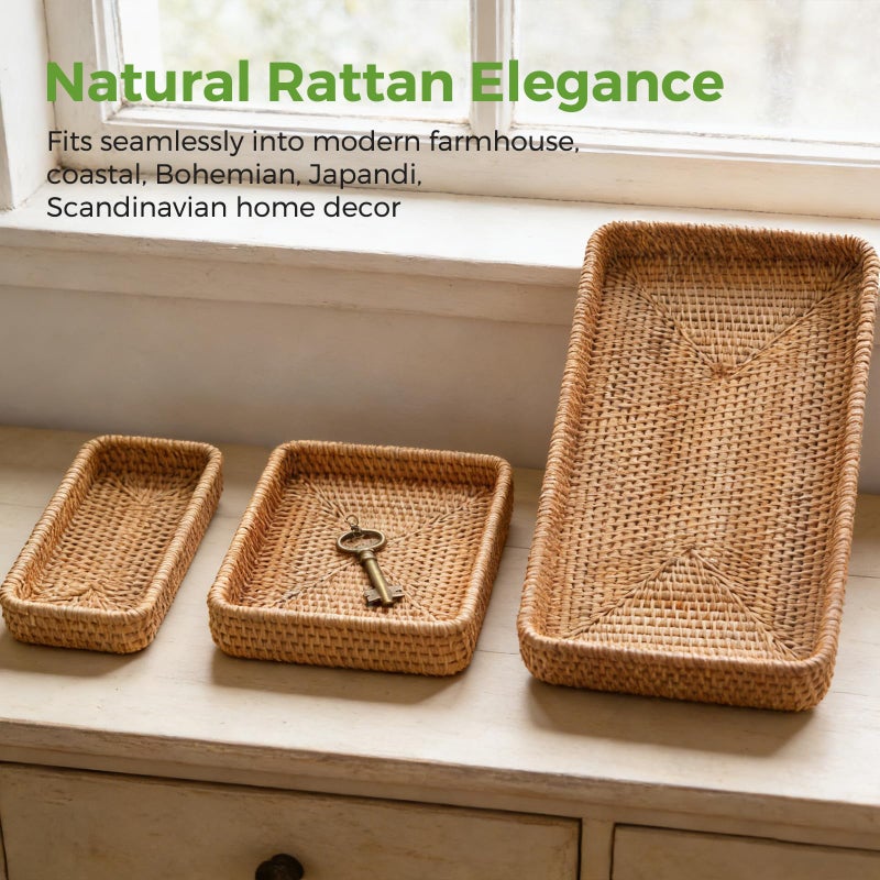 S310 Rattan Serving Tray, Rectangle Basket Set of 3, Wicker Storage and Organizing Baskets, Natural Decorative Woven Tray for Home Decor, Bathroom, Kitchen Counter - Image 5