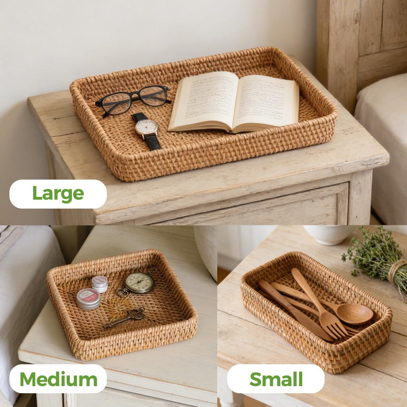 S310 Rattan Serving Tray, Rectangle Basket Set of 3, Wicker Storage and Organizing Baskets, Natural Decorative Woven Tray for Home Decor, Bathroom, Kitchen Counter - Image 3