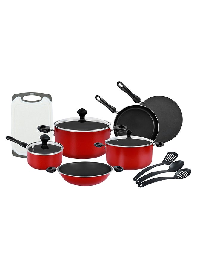 Prestige 17-Piece Classique Pro Aluminium Non Stick Interior Durable & Light Weight Cookware Set Includes 14 cm Sauce Pan, 24 cm Covered Casserole, 24 cm Covered Casserole, 30 cm Covered Stock Pot, 24 cm Open Fry Pan, 28 cm Open Fry Pan, 25 cm Concave Tawa, 3 Pieces Knife Block Set, 3 Pieces Kitchen Toolset, Chopping Board Red - Image 1