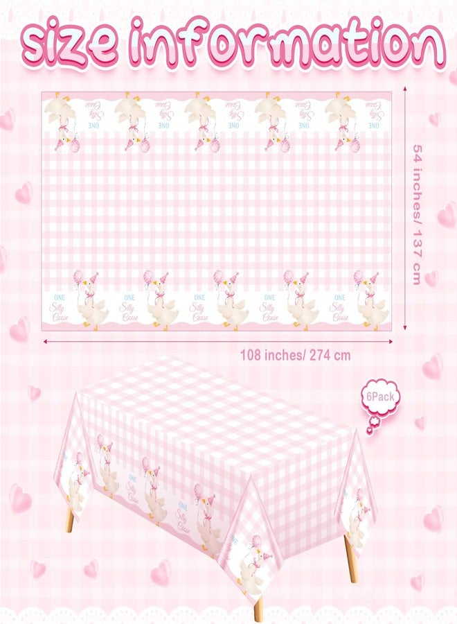 Oudain 6 Pcs Pink One Silly Goose Tablecloth Goose Baby Shower Party Tablecloth Decorations Disposable Little Pink Gingham 1st Birthday Table Cover for Birthday Party Supplies - Image 2