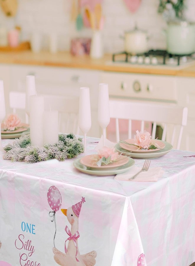 Oudain 6 Pcs Pink One Silly Goose Tablecloth Goose Baby Shower Party Tablecloth Decorations Disposable Little Pink Gingham 1st Birthday Table Cover for Birthday Party Supplies - Image 4