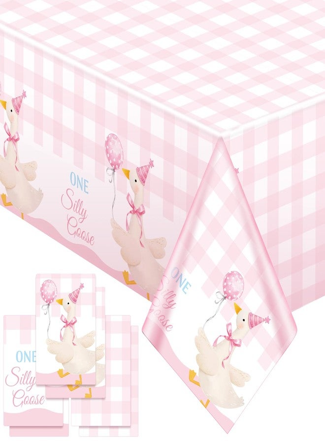 Oudain 6 Pcs Pink One Silly Goose Tablecloth Goose Baby Shower Party Tablecloth Decorations Disposable Little Pink Gingham 1st Birthday Table Cover for Birthday Party Supplies - Image 1