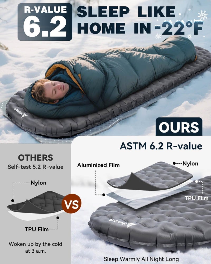Hikenture Camping Sleeping Pad with 6.2 R-Value, Ultralight Camp Mattress for All Season, Inflatable & Insulated Sleeping Mat for Backpacking,Hiking,Tent,Outdoor(1201-B1) - Image 2