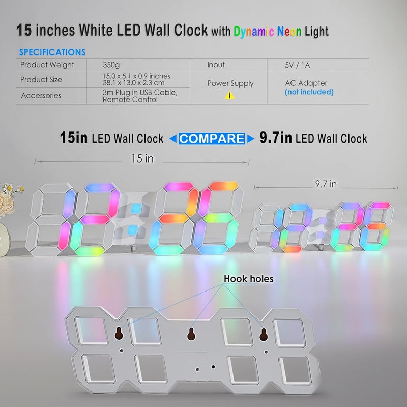 KOSUMOSU ساعة حائط من بإضاءة LED مقاس 15 بوصة، ساعة رقمية LED ملونة RGB لتزيين غرفة المعيشة، ساعات كبيرة العرض لغرف الألعاب، مع تعتيم/وقت بنظام 12-24 ساعة/تاريخ/درجة حرارة/جهاز تحكم عن بعد (ساعة بيضاء بإضاءة نيون) - Image 3