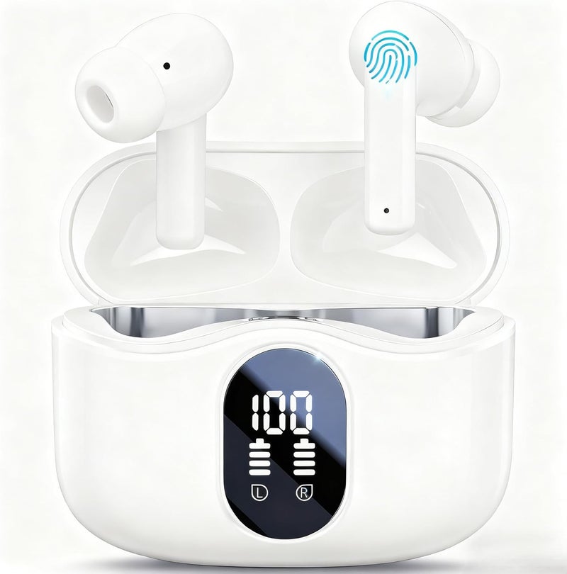 Garlo True Wireless Earbuds Bluetooth Earphones with Active Noise Cancelling in Ear Buds 4 Mic Clear Calls Headphones Wireless 40H Led Display, Multipoint Connect (White) - Image 1