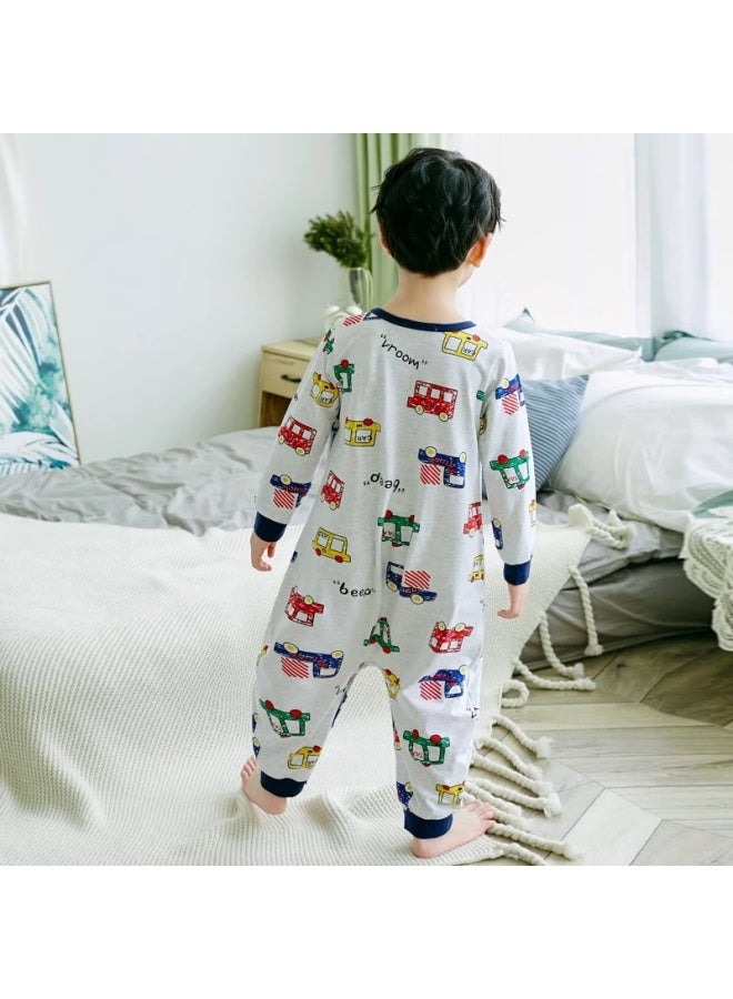 SHANBAOMAY Shangbaomaixunxia Children's Onesie Pajamas, Combed Cotton Thin Boys' Long-sleeve Loungewear, Light Gray Car Pattern, 90cm - Image 2