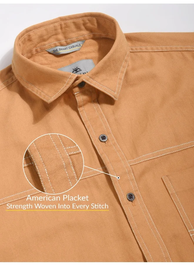 Beyoung Pastel Orange Contrast Stitch Shirt for Men