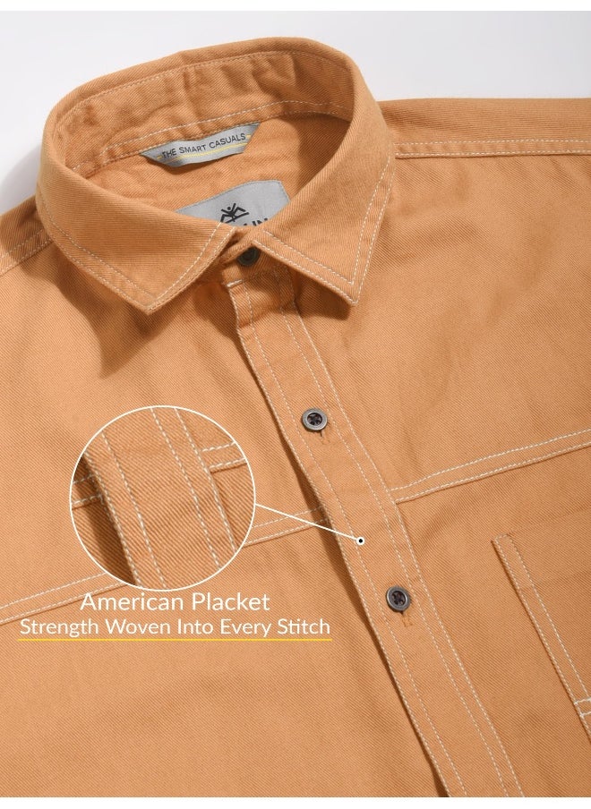 Beyoung Pastel Orange Contrast Stitch Shirt for Men  - Image 3