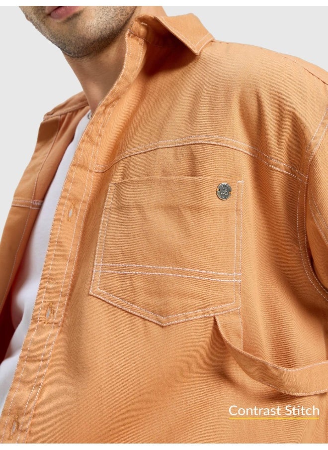 Beyoung Pastel Orange Contrast Stitch Shirt for Men  - Image 2