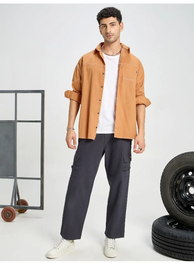 بيونغ Pastel Orange Contrast Stitch Shirt for Men