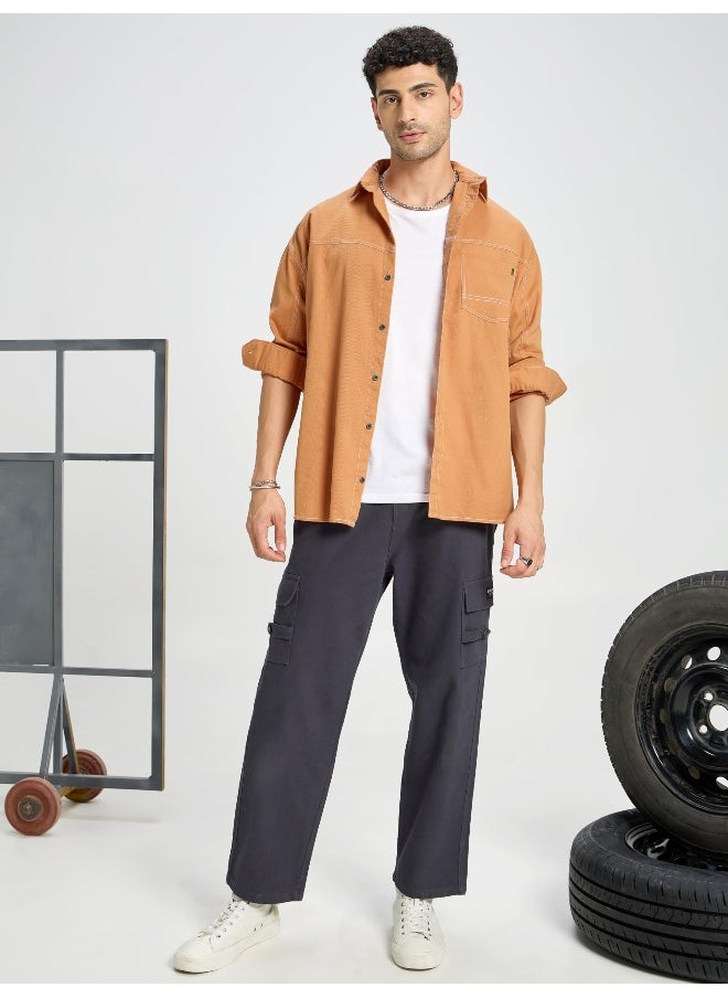 Beyoung Pastel Orange Contrast Stitch Shirt for Men  - Image 1