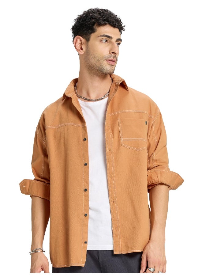 Beyoung Pastel Orange Contrast Stitch Shirt for Men  - Image 4