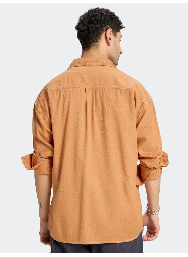 Beyoung Pastel Orange Contrast Stitch Shirt for Men  - Image 5