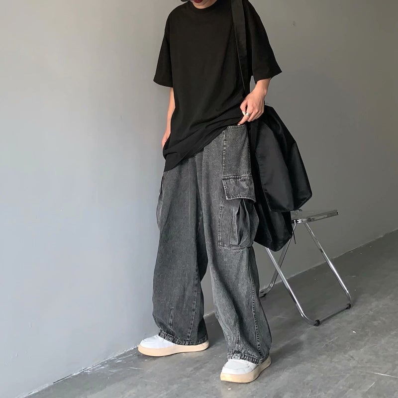 Ins Japanese Style Street Retro Draping Loose Wide Leg Casual Large Pocket Workwear Denim Washed Dad Pants Men And Women - Image 3