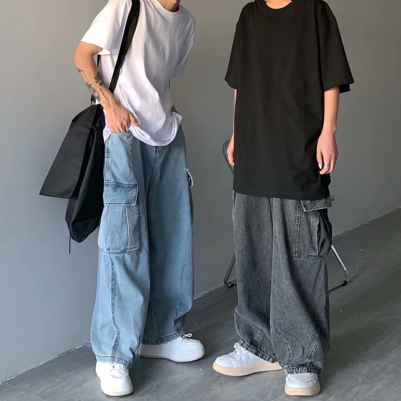 Ins Japanese Style Street Retro Draping Loose Wide Leg Casual Large Pocket Workwear Denim Washed Dad Pants Men And Women - Image 5