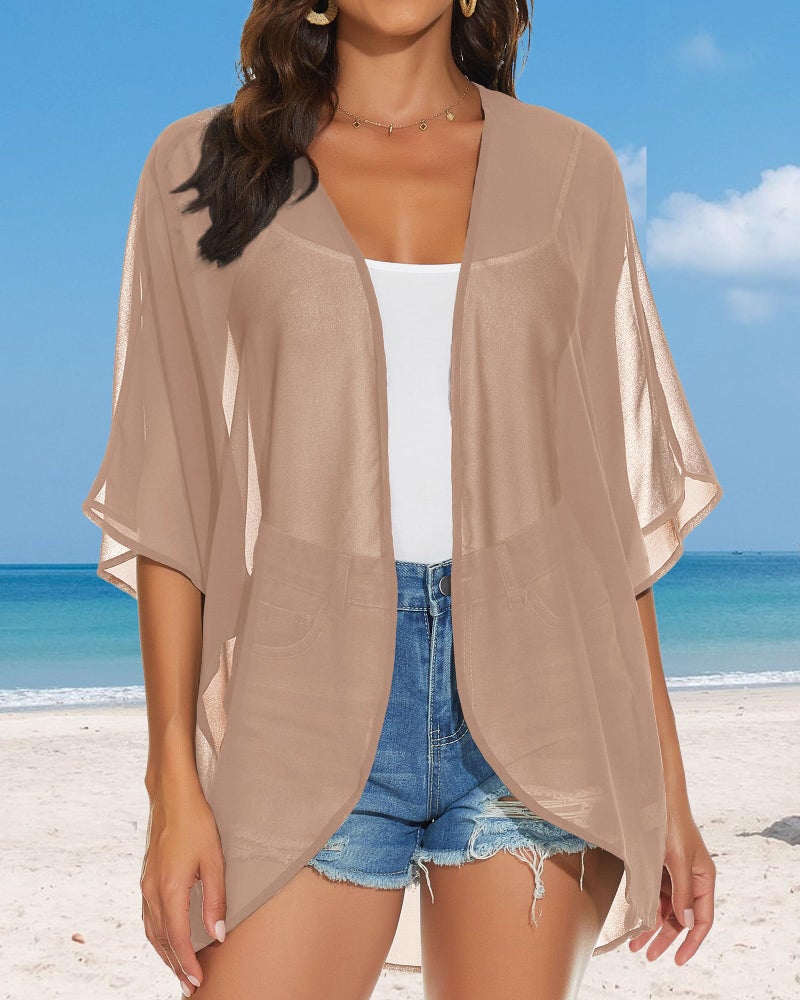 JILUVIN Womens Kimono Cardigans Beach Cover ups Swimwear Puff Sleeve Loose Casual Summer Tops (Lotus Root Pink,L) - Image 5