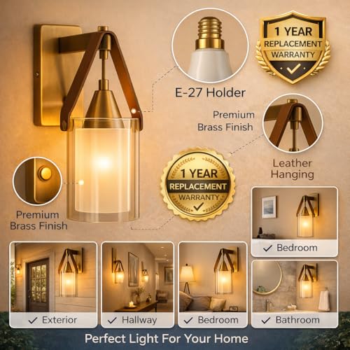 CORALTREE CORAL TREE-Modern Gold Glass Wall Light Fixture | LED Wall Sconce with Cylindrical Glass Shade | Elegant Bedside, Living Room & Hallway Wall Lamp - Image 5