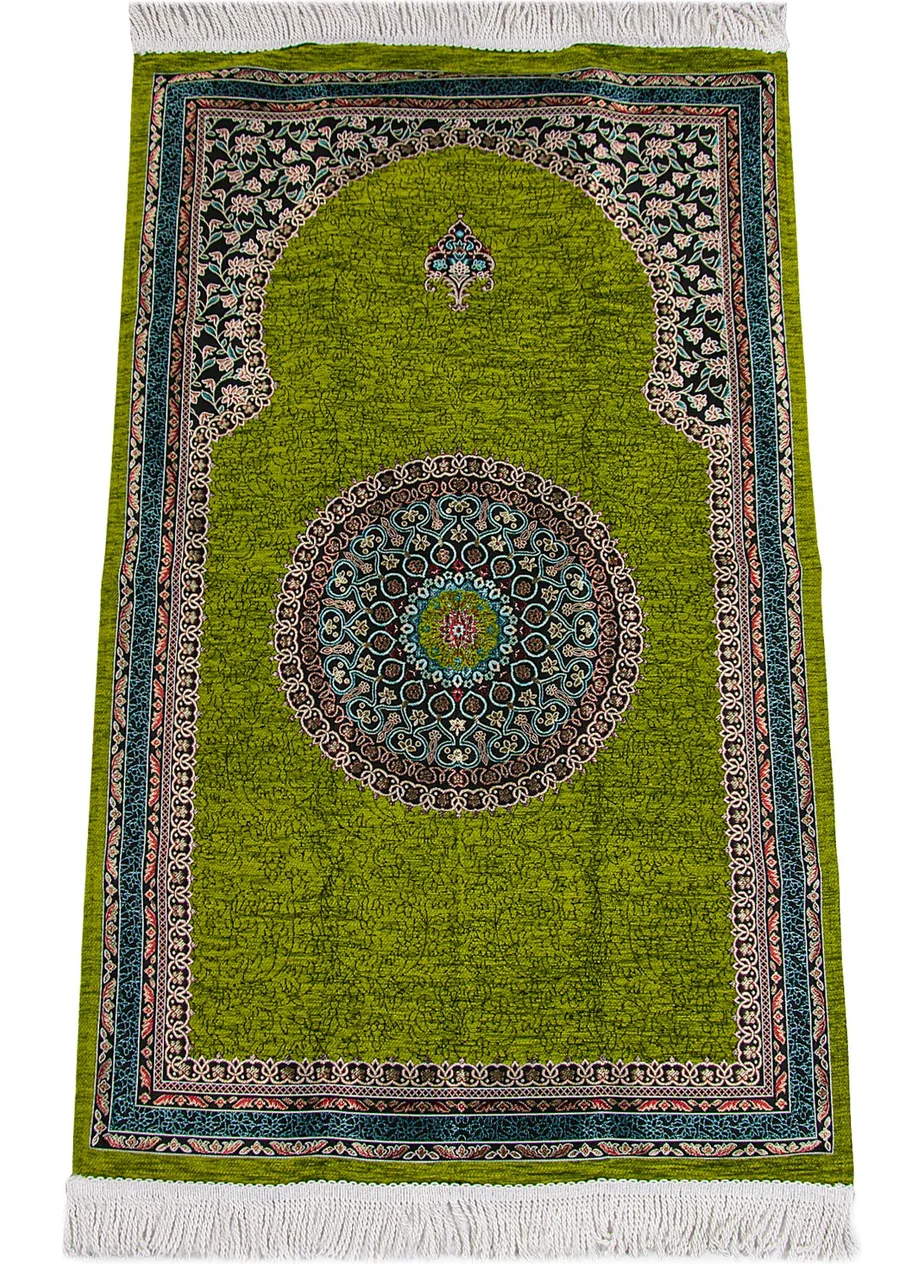 İhvan Online Green Traditional Motif Knitted Fringed Mihrab Lined Chenille Prayer Rug