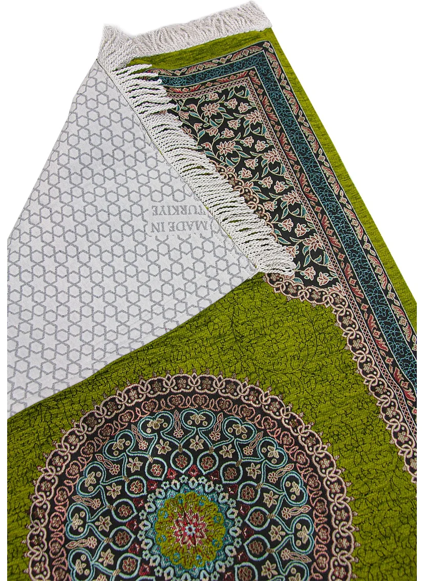 İhvan Online Green Traditional Motif Knitted Fringed Mihrab Lined Chenille Prayer Rug