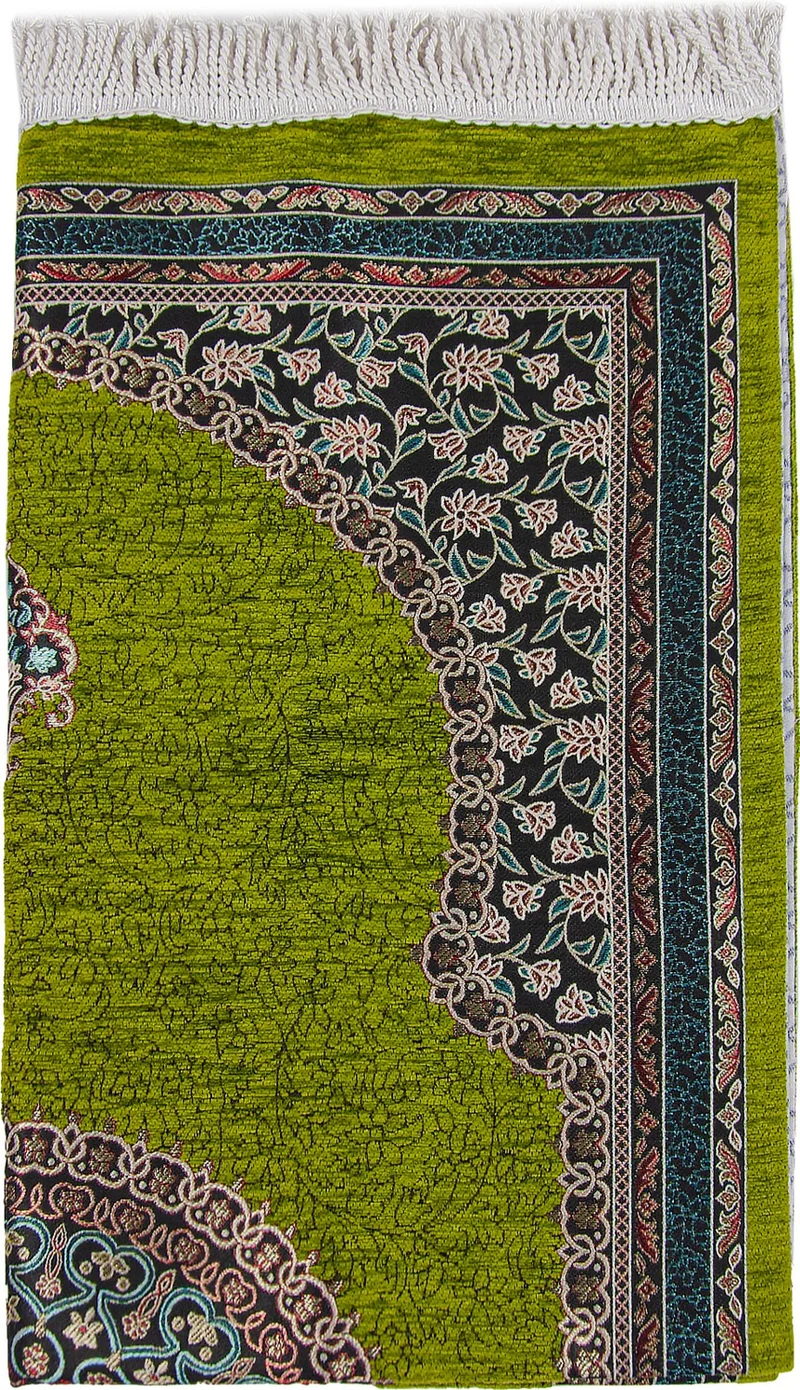İhvan Online Green Traditional Motif Knitted Fringed Mihrab Lined Chenille Prayer Rug