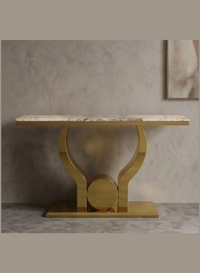 SUNLIT HOME طاولة كونسول ذهبية منحنية تنفيذية - سطح رخام فاخر وقاعدة منحوتة - Image 1