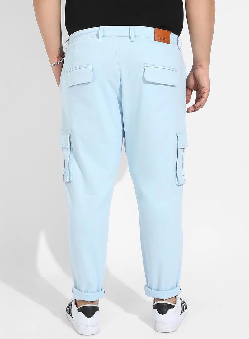 Instafab Plus Instafab Plus Men's Light Blue Cargo Trousers For Casual Wear | 6 Pockets | Plus-Size Fit | Button Closure | Cotton Poly Cargo Pant Crafted With Comfort Fit For Everyday Wear