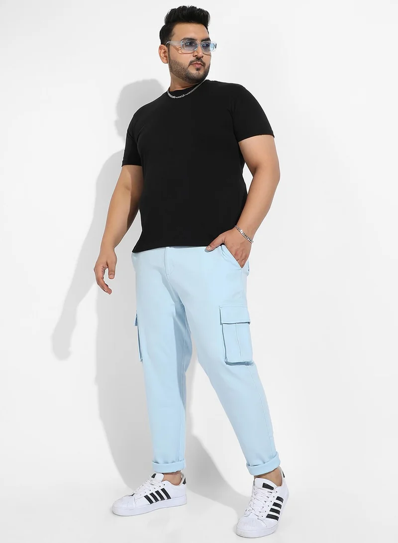 Instafab Plus Instafab Plus Men's Light Blue Cargo Trousers For Casual Wear | 6 Pockets | Plus-Size Fit | Button Closure | Cotton Poly Cargo Pant Crafted With Comfort Fit For Everyday Wear