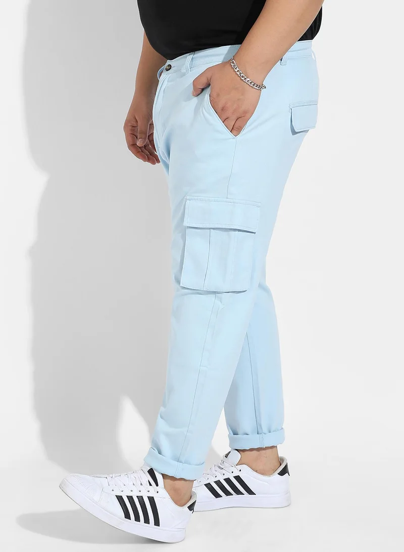 Instafab Plus Instafab Plus Men's Light Blue Cargo Trousers For Casual Wear | 6 Pockets | Plus-Size Fit | Button Closure | Cotton Poly Cargo Pant Crafted With Comfort Fit For Everyday Wear