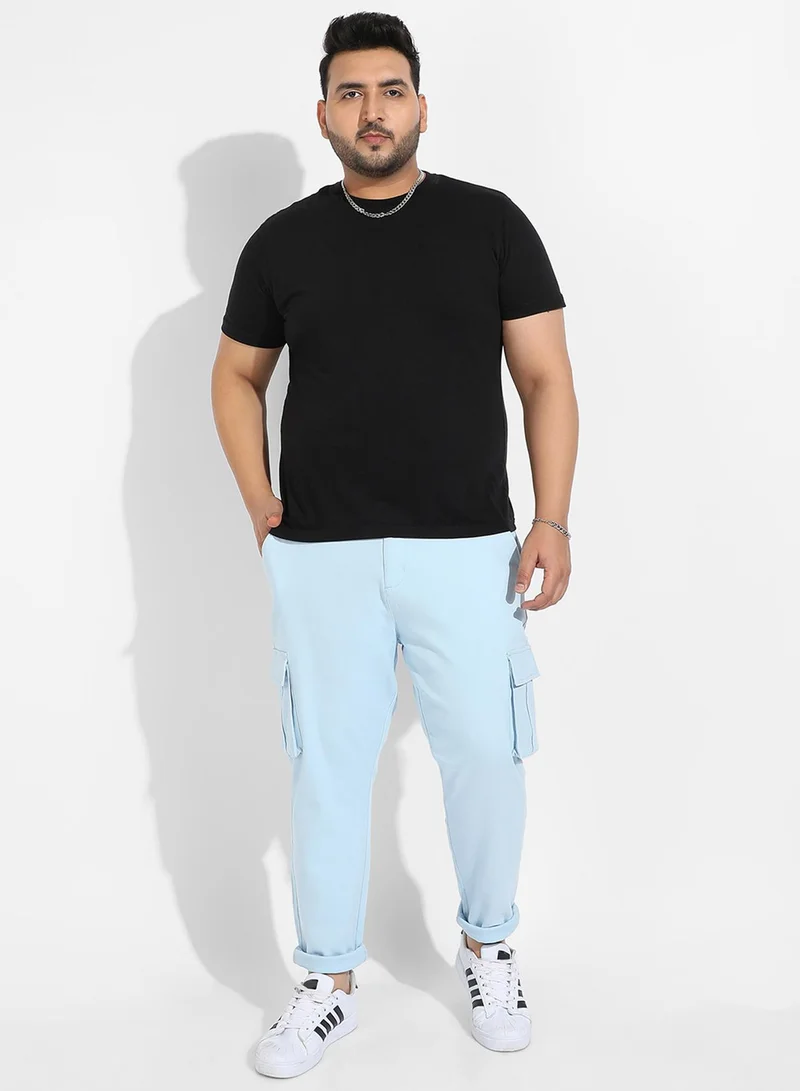 Instafab Plus Instafab Plus Men's Light Blue Cargo Trousers For Casual Wear | 6 Pockets | Plus-Size Fit | Button Closure | Cotton Poly Cargo Pant Crafted With Comfort Fit For Everyday Wear