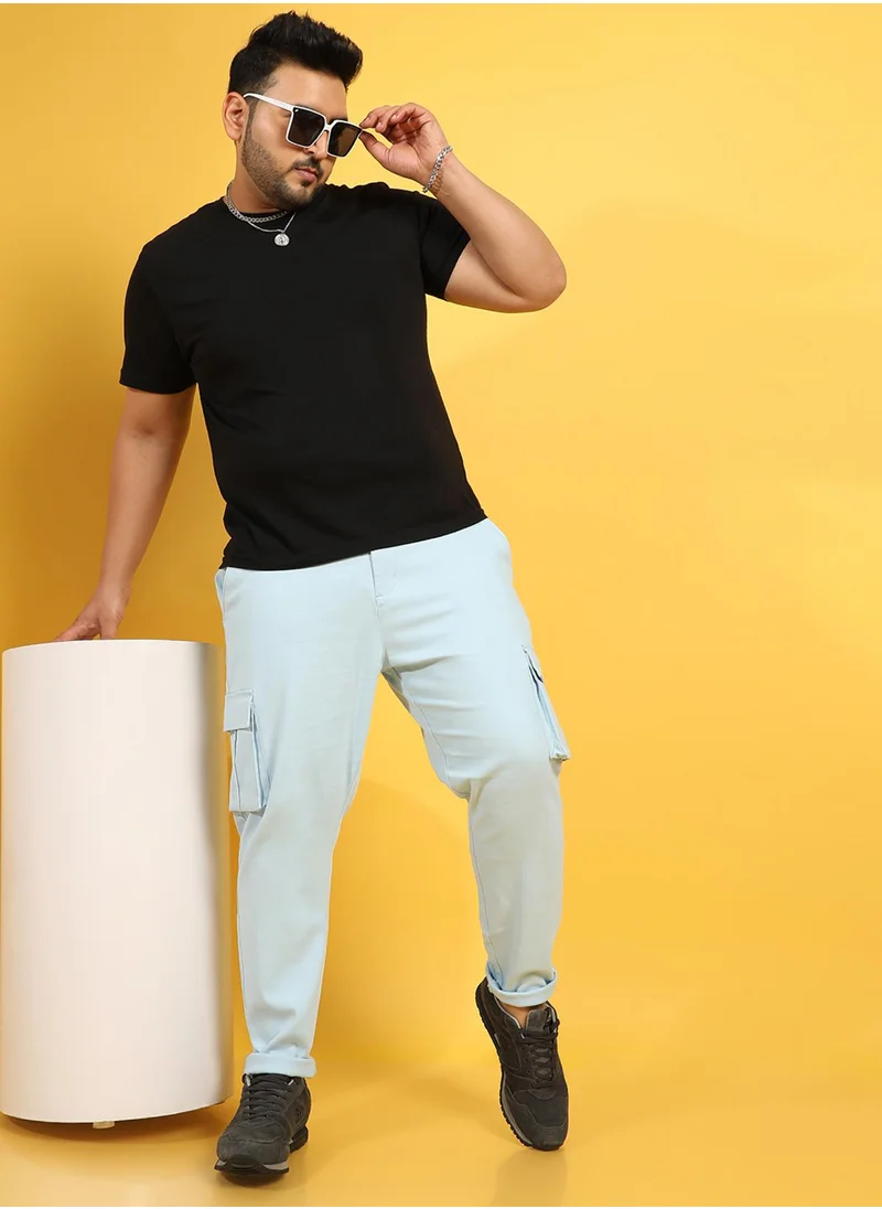 Instafab Plus Instafab Plus Men's Light Blue Cargo Trousers For Casual Wear | 6 Pockets | Plus-Size Fit | Button Closure | Cotton Poly Cargo Pant Crafted With Comfort Fit For Everyday Wear