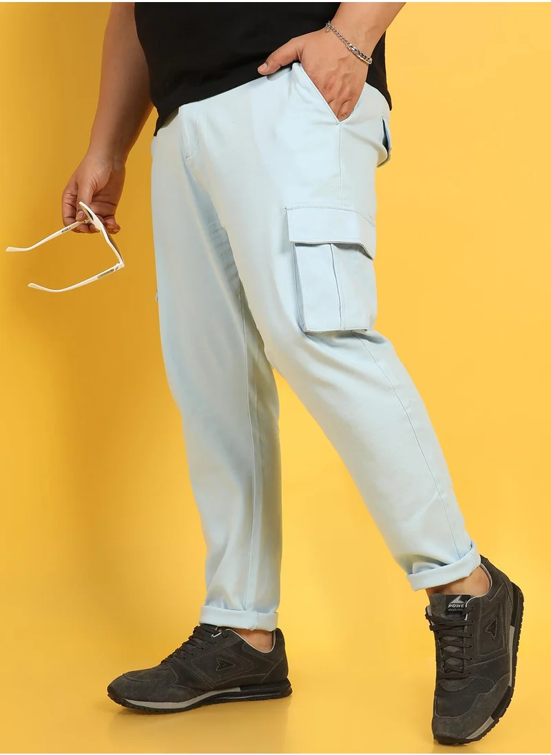 Instafab Plus Instafab Plus Men's Light Blue Cargo Trousers For Casual Wear | 6 Pockets | Plus-Size Fit | Button Closure | Cotton Poly Cargo Pant Crafted With Comfort Fit For Everyday Wear