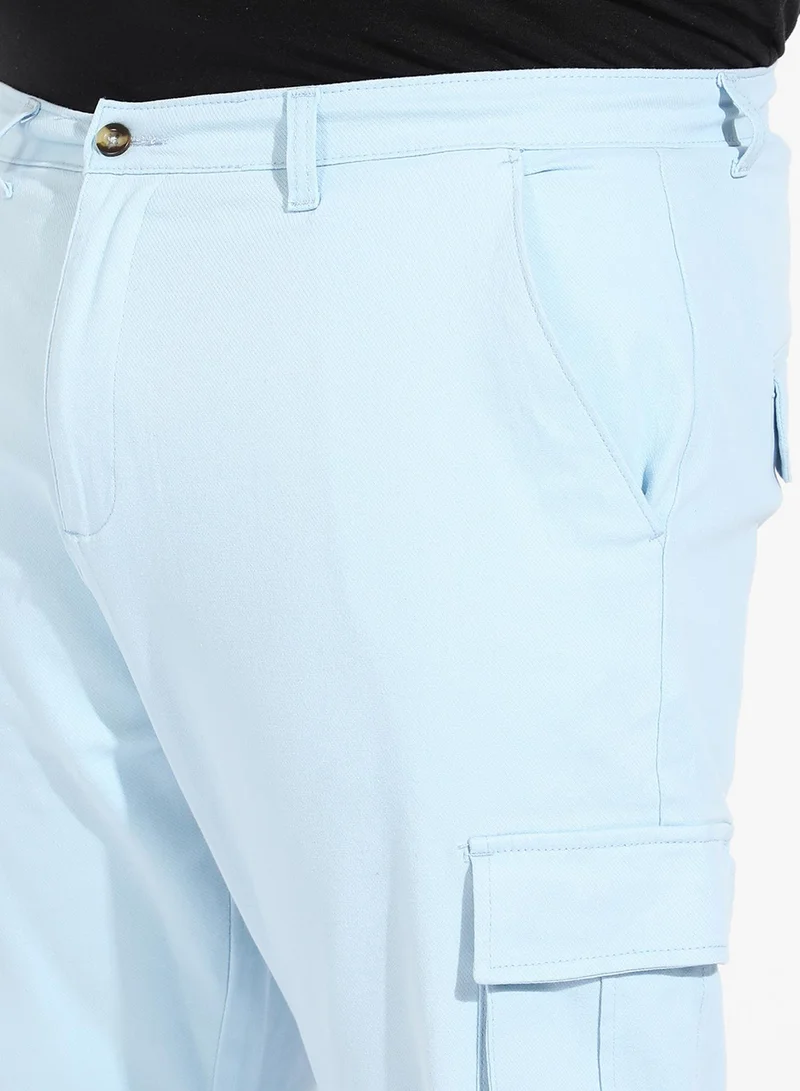 Instafab Plus Instafab Plus Men's Light Blue Cargo Trousers For Casual Wear | 6 Pockets | Plus-Size Fit | Button Closure | Cotton Poly Cargo Pant Crafted With Comfort Fit For Everyday Wear