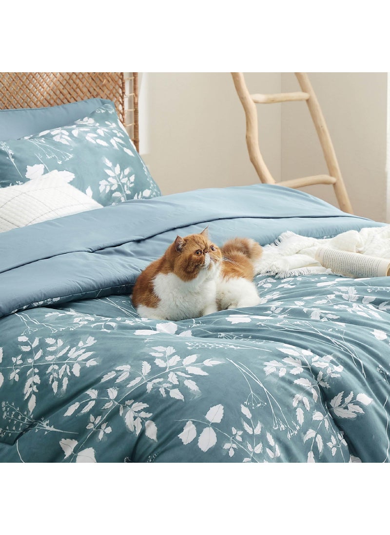 Bedsure Bedsure Mineral Blue Queen Comforter Set - 7 Pieces Floral Bedding Sets Queen Bed in a Bag with Reversible Botanical Flowers Comforter  Sheets  Pillowcases & Shams  - Image 4