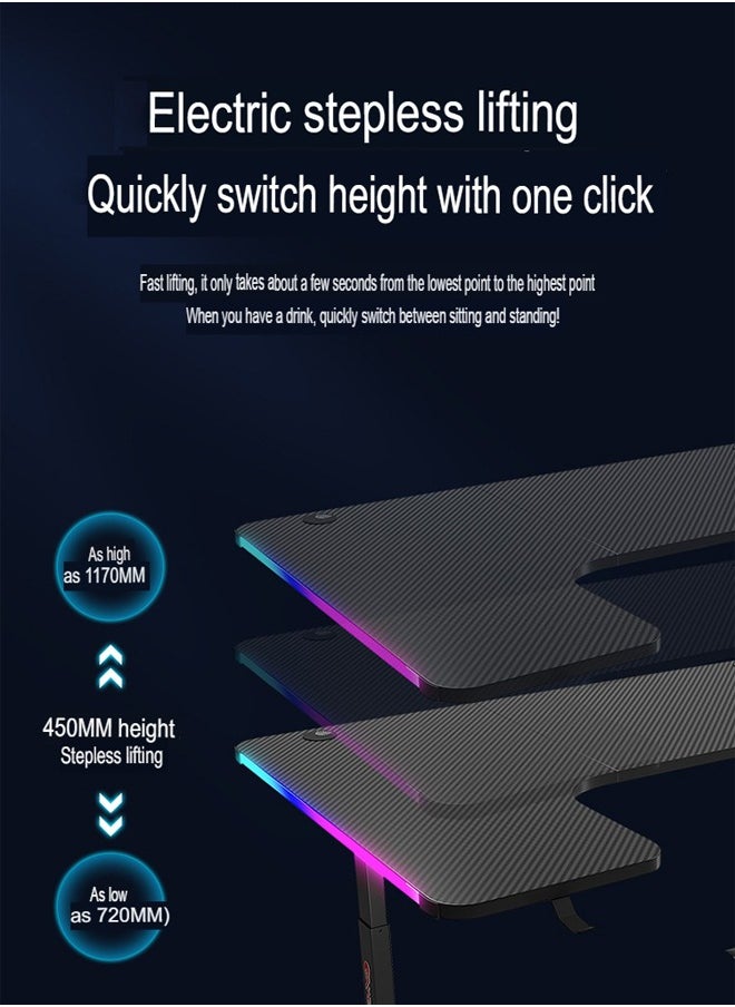 keke - Multifunctional Adjustable Height Gaming Desk with RGB LED Lights, Wireless Remote, Handle Rack, Cup Holder, USB Socket and Headphone Hook 140 CM - Image 1