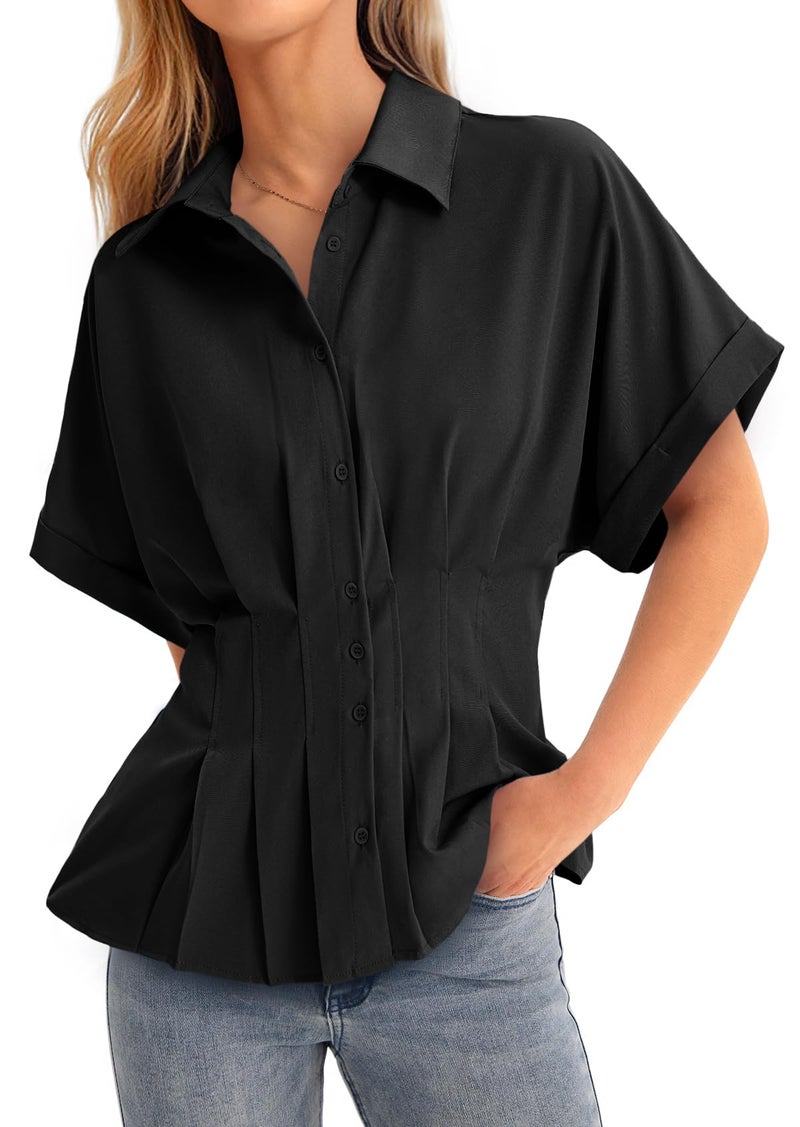 Cicy Bell Womens Pleated Button Down Blouse Summer Cuffed Short Sleeve Peplum Tops Casual Dressy Fitted Waist Shirts Black - Image 1