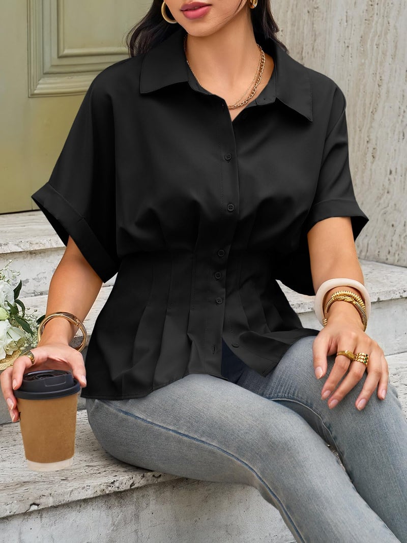 Cicy Bell Womens Pleated Button Down Blouse Summer Cuffed Short Sleeve Peplum Tops Casual Dressy Fitted Waist Shirts Black - Image 5
