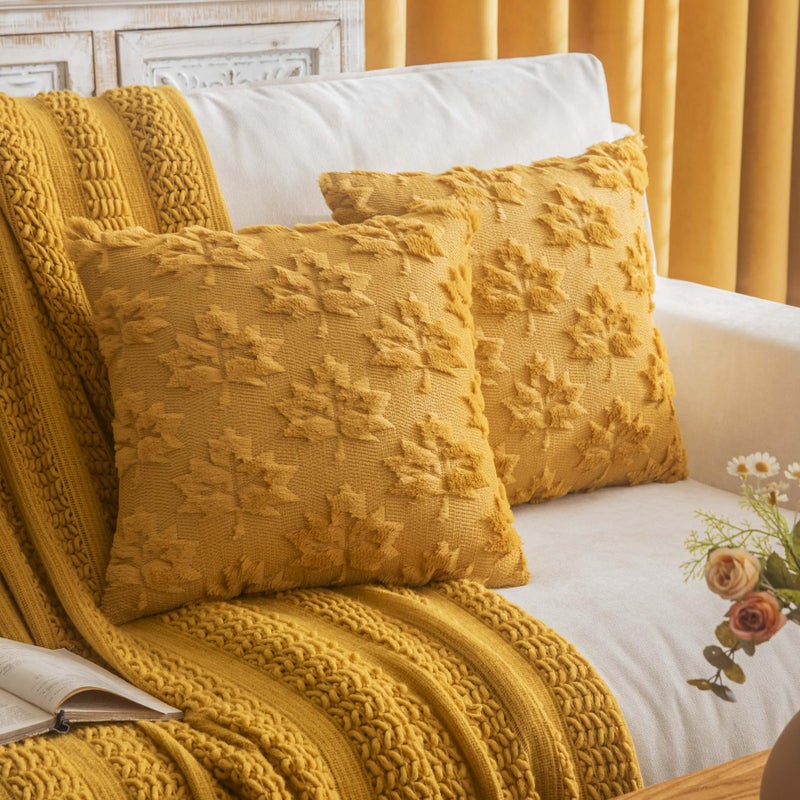 Cosibono Maple Leaf Fall Throw Covers Cover 20 "" x20 "مجموعة من 2 خردل مزرعة مزرعة أغطية وسادة مزخرفة لخريف العطلة وسادة وسادة الفراء الغطاء - Image 1