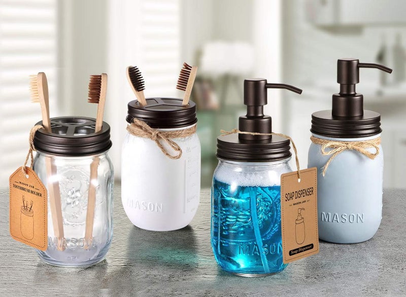 Komashr Mason Jar Toothbrush Holder – Bronze – with Genuine Glass 16 Ounce Mason Jar for Regular Mouth Mason Jar ， Premium Rust-Proof 304 Stainless Steel - Rustic Farmhouse Decor Bathroom Accessories - Image 4