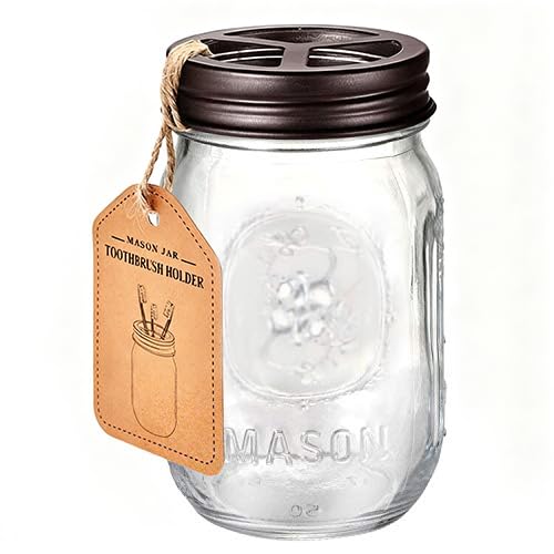 Komashr Mason Jar Toothbrush Holder – Bronze – with Genuine Glass 16 Ounce Mason Jar for Regular Mouth Mason Jar ， Premium Rust-Proof 304 Stainless Steel - Rustic Farmhouse Decor Bathroom Accessories - Image 1
