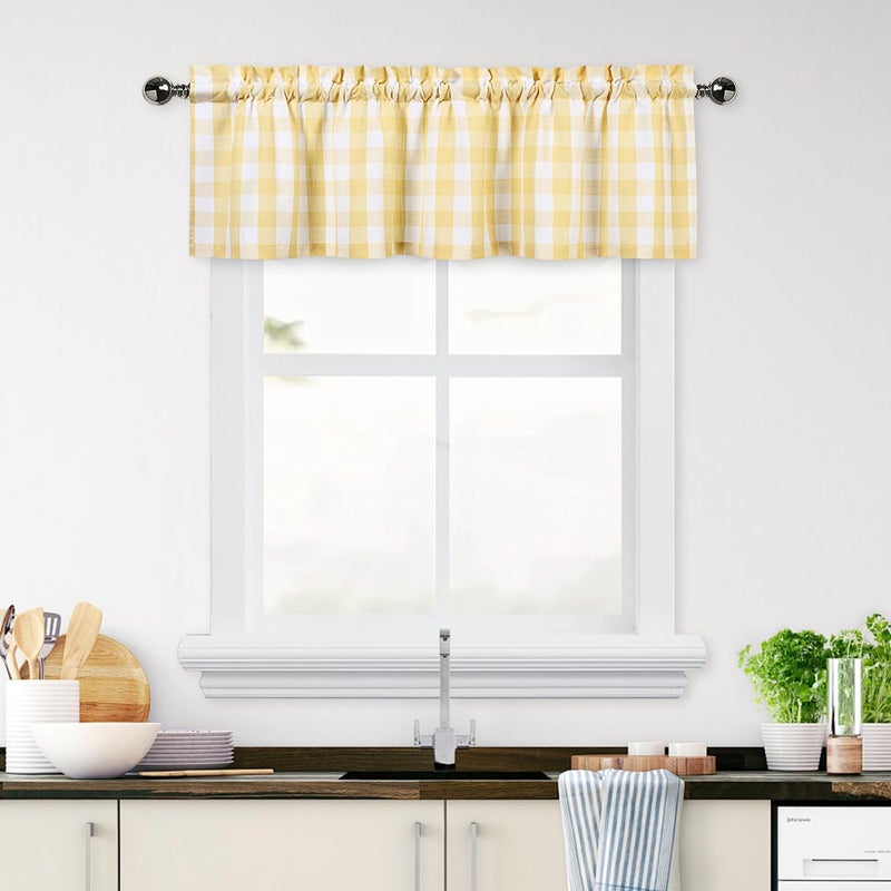 Bapawfish Gingham Buffalo Check Cafe Kitchen Curtain Valances Plaid Design Thick Yarn Dyed Fabric Rod Pocket Valance Curtains for Bathroom Living Room 55 x 15 YellowWhite 