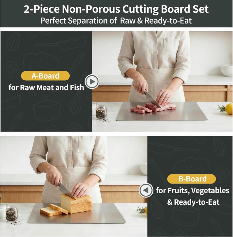 WILLKOMMEN Stainless Steel Cutting Board Set for Kitchen, 2 Pack Metal Cutting Board with Counter Lip Dishwasher Safe Chopping Board for Meat, Vegetables, Fruits, Bread, Kneading (40 x 30cm/ 16 x 12 in) - Image 4