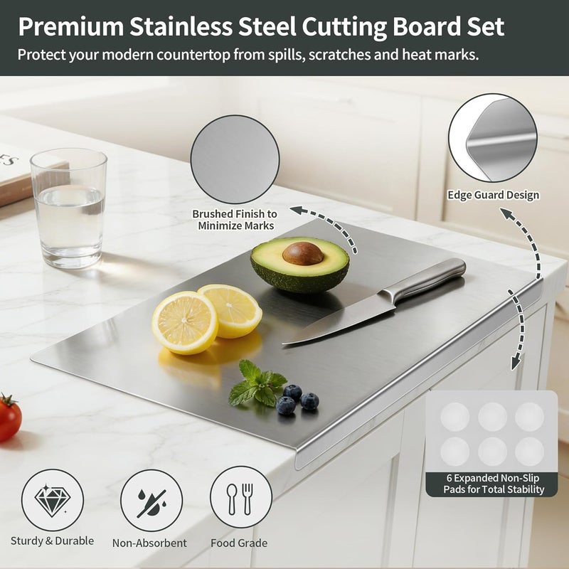 WILLKOMMEN Stainless Steel Cutting Board Set for Kitchen, 2 Pack Metal Cutting Board with Counter Lip Dishwasher Safe Chopping Board for Meat, Vegetables, Fruits, Bread, Kneading (40 x 30cm/ 16 x 12 in) - Image 2