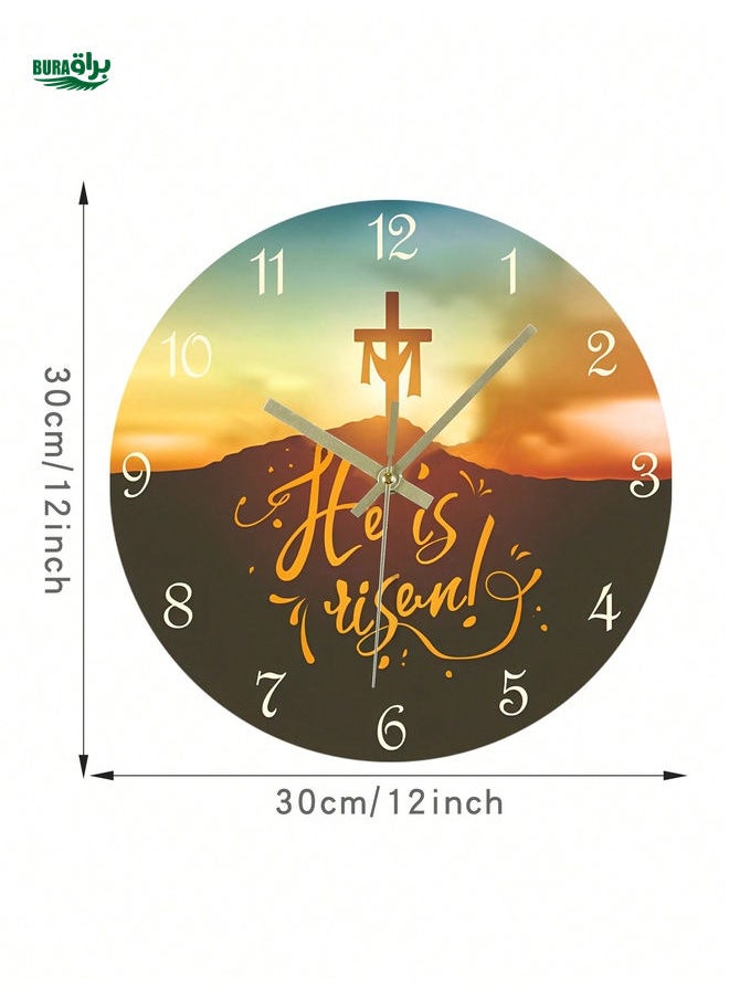 BURAQ - 1 Pc, Circular Wall Clock, Savior's Cross, Easter Themed Clock, Silent Wall Clock. Suitable For Living Room, Bedroom, Office Home Decoration, And Scene Decoration. - Image 1