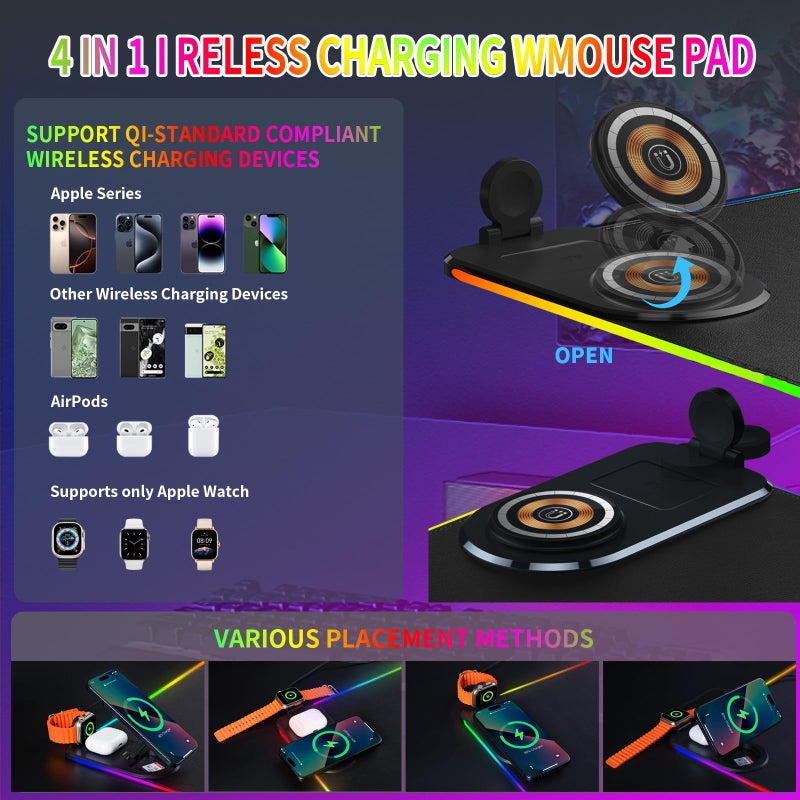 Ouluoa Wireless Charging Mouse Pad (31.4x12 inches) RGB Ambient Lighting with Power Adapter & USB C Cable Waterproof Ultra-Smooth Keyboard Pad for Gamer, Office & Home (Black) - Image 2