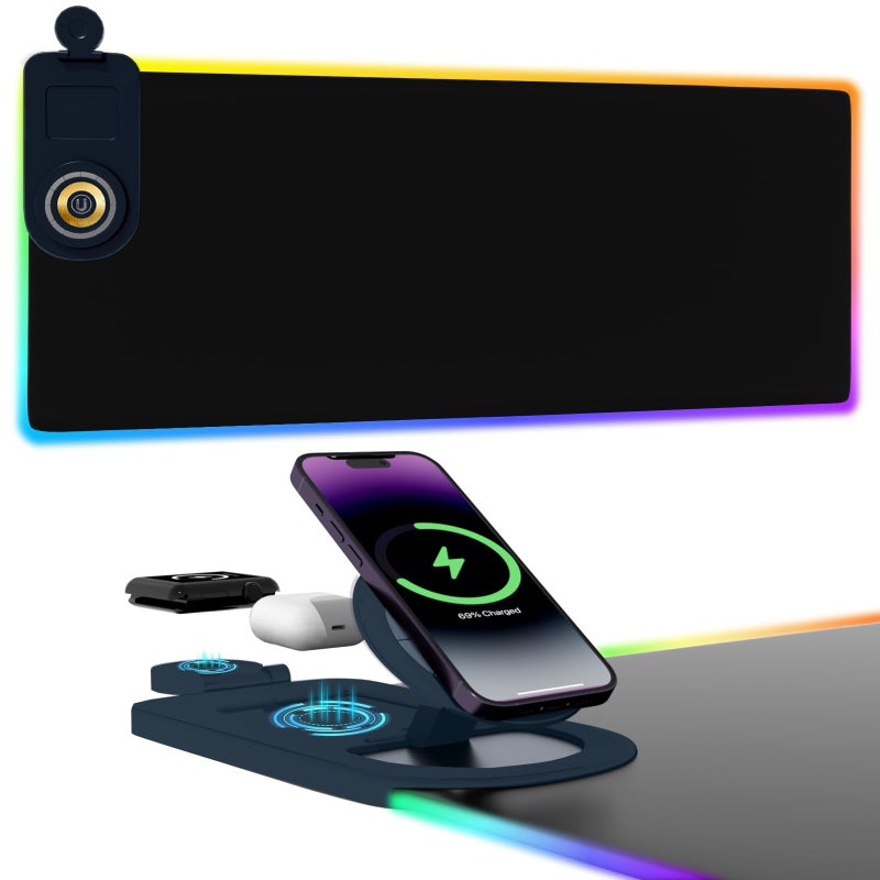 Ouluoa Wireless Charging Mouse Pad (31.4x12 inches) RGB Ambient Lighting with Power Adapter & USB C Cable Waterproof Ultra-Smooth Keyboard Pad for Gamer, Office & Home (Black) - Image 1