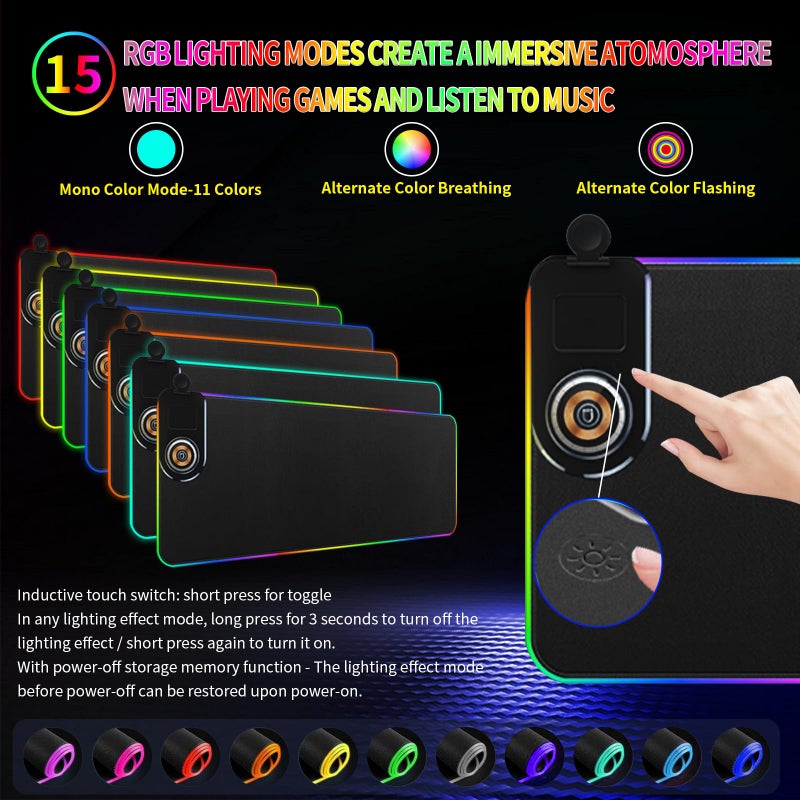 Ouluoa Wireless Charging Mouse Pad (31.4x12 inches) RGB Ambient Lighting with Power Adapter & USB C Cable Waterproof Ultra-Smooth Keyboard Pad for Gamer, Office & Home (Black) - Image 4