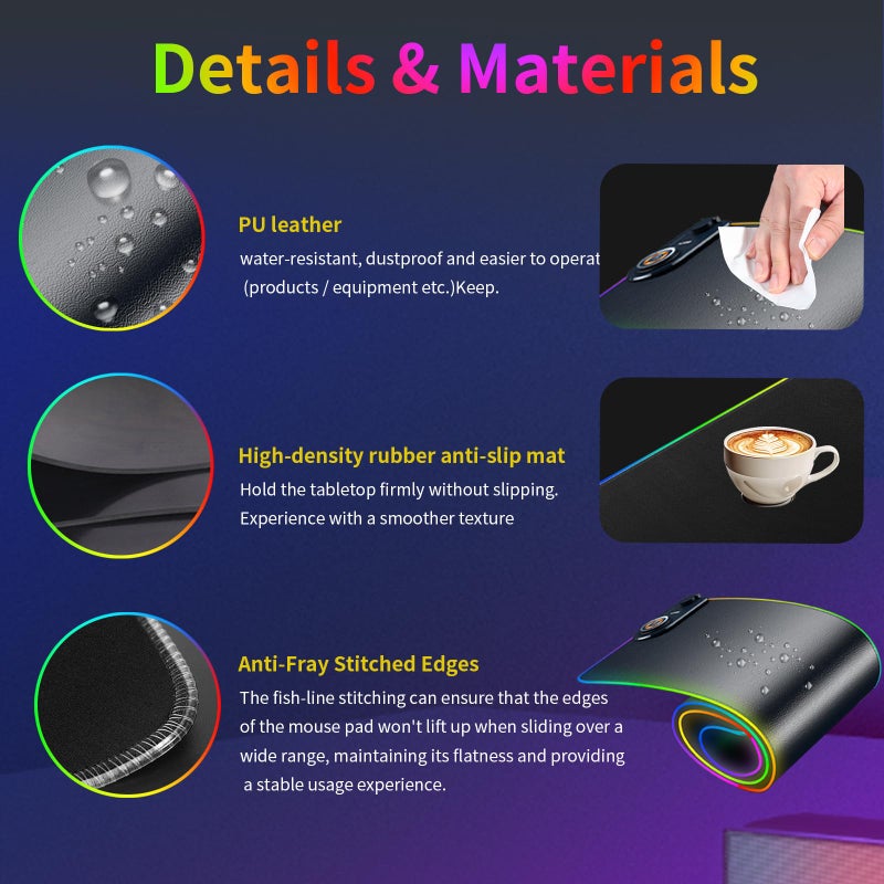 Ouluoa Wireless Charging Mouse Pad (31.4x12 inches) RGB Ambient Lighting with Power Adapter & USB C Cable Waterproof Ultra-Smooth Keyboard Pad for Gamer, Office & Home (Black) - Image 5
