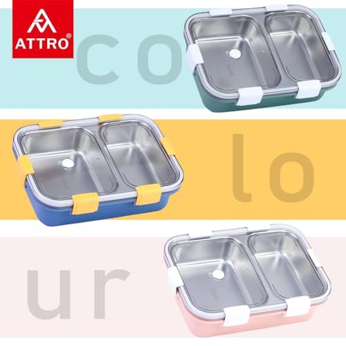 ATTRO Bento 2 Compartment Stainless Steel Lunch Box with Heating & Water Insulation Design Ideal for Office, School & Travelling - Olive Green - Image 2